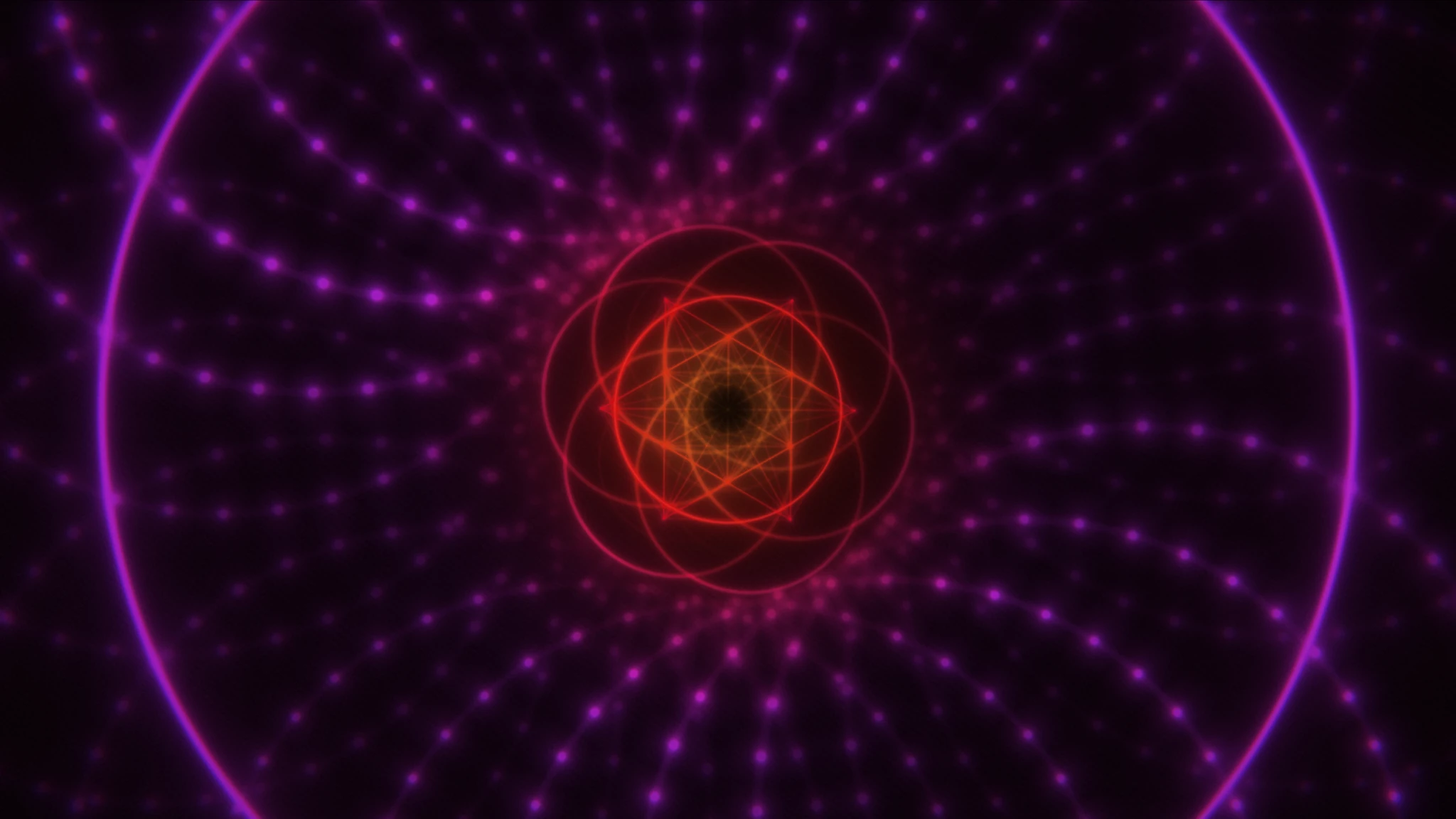 Emanation artwork with orange source and luminous violet circles